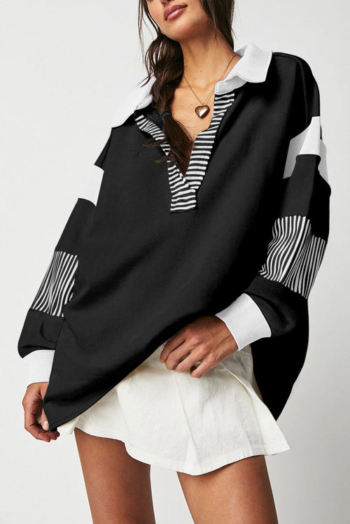 Dark Blue Striped Colorblock Patchwork Collar Sweatshirt