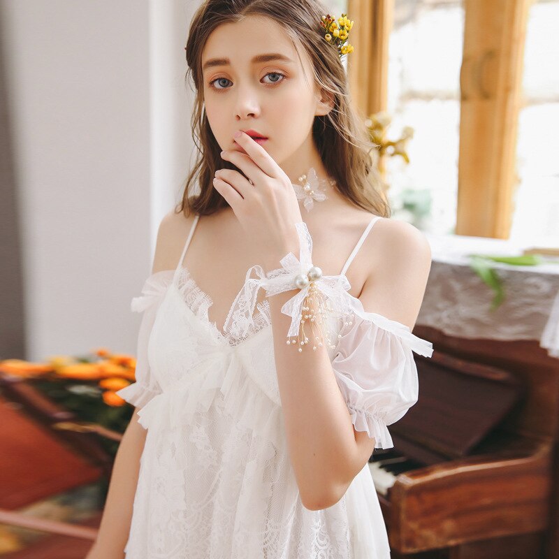 White Lace Women Sleepwear Nightgown