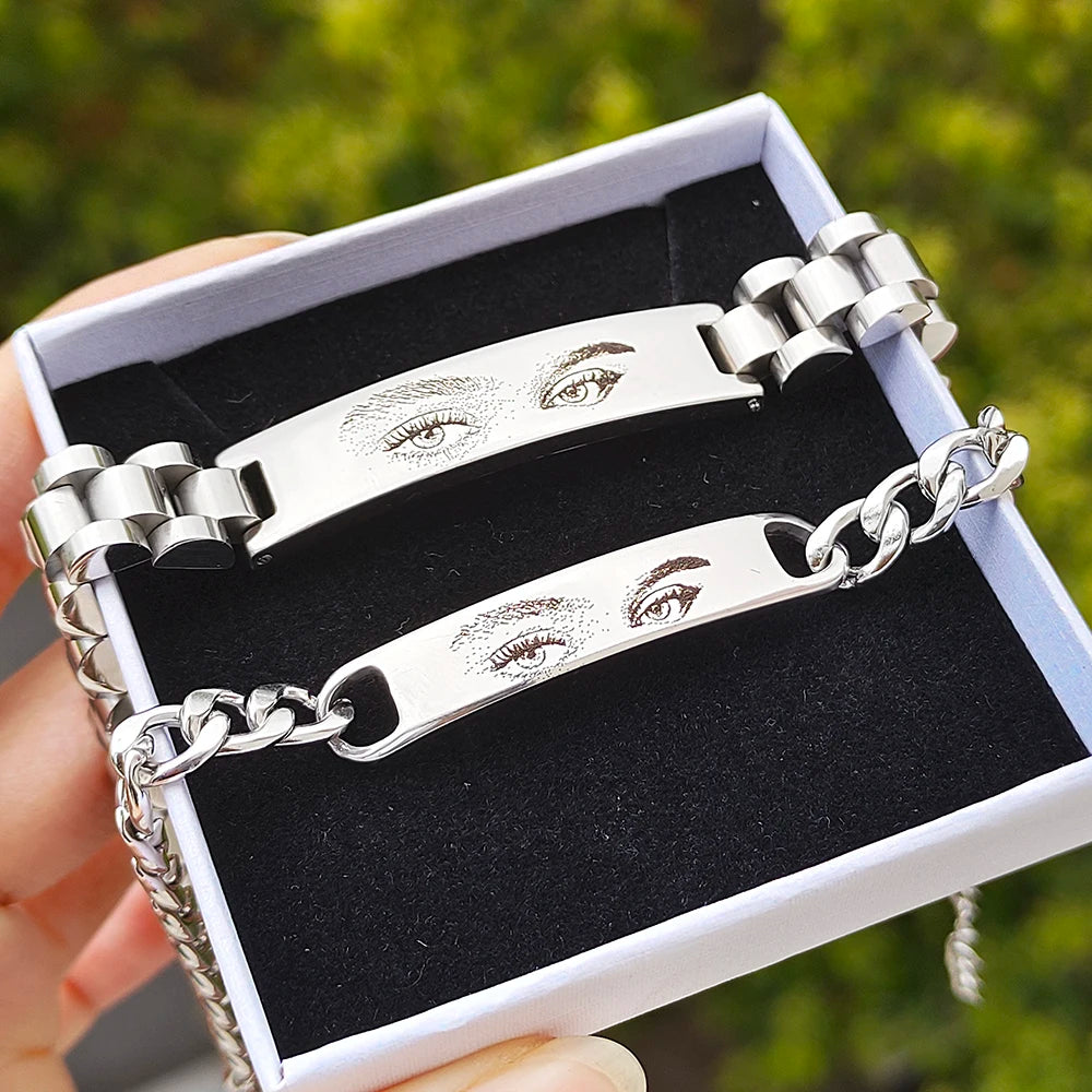 Personalized Eyes Photo Couple Bracelet Laser Engraved Eyes Photo Bracelets Stainless Steel Gifts for Boyfriend Family Father